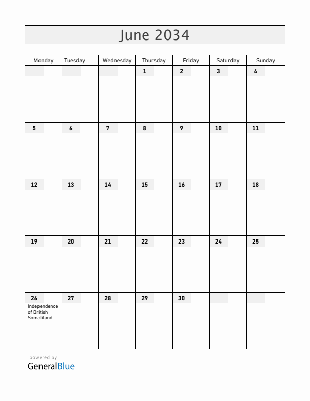 Somalia June 2034 Calendar with Holidays