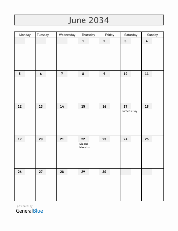 El Salvador June 2034 Calendar with Holidays