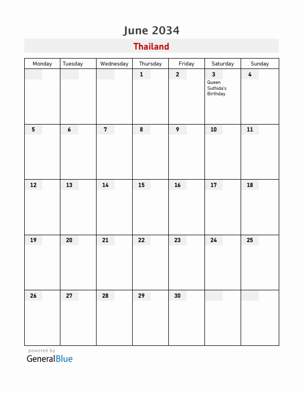 Thailand June 2034 Calendar with Holidays