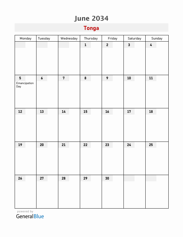 Tonga June 2034 Calendar with Holidays