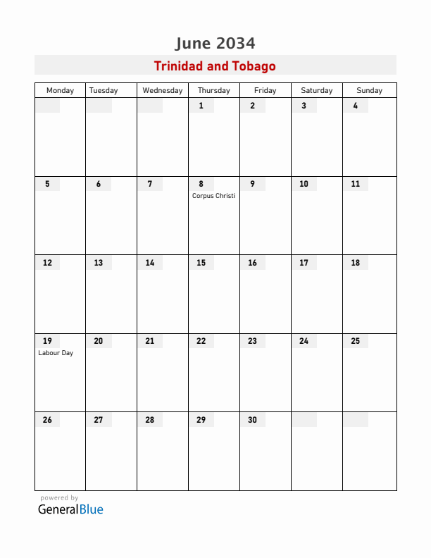 Trinidad and Tobago June 2034 Calendar with Holidays