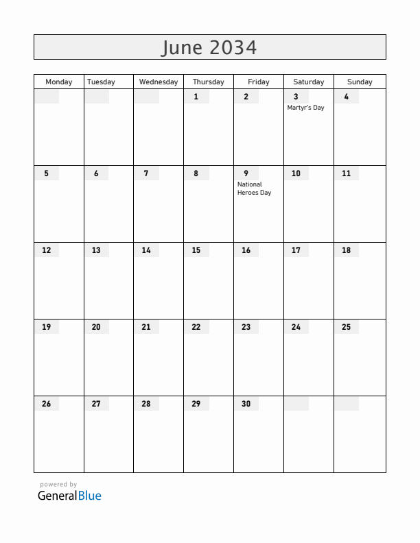 Uganda June 2034 Calendar with Holidays