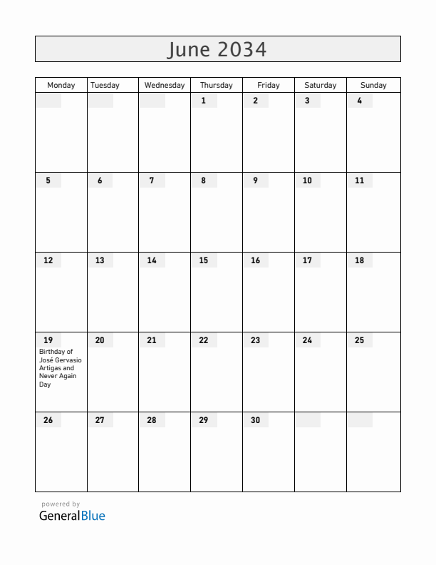 Uruguay June 2034 Calendar with Holidays