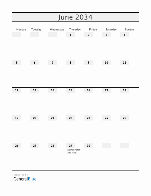 Vatican June 2034 Calendar with Holidays