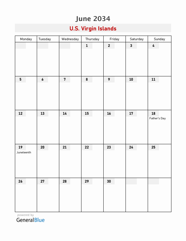 U.S. Virgin Islands June 2034 Calendar with Holidays