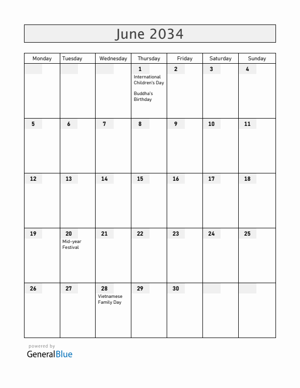 Vietnam June 2034 Calendar with Holidays