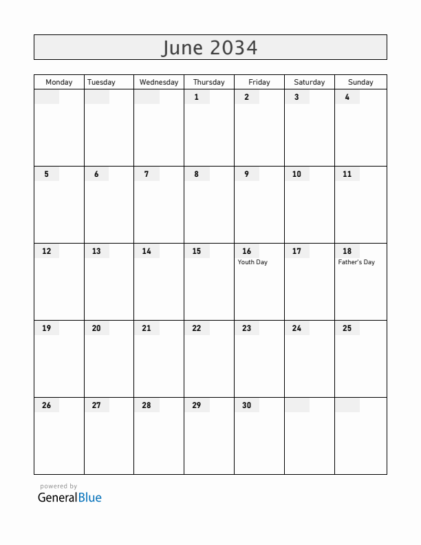 South Africa June 2034 Calendar with Holidays