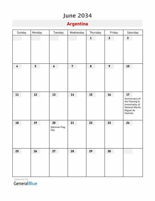 Argentina June 2034 Calendar with Holidays