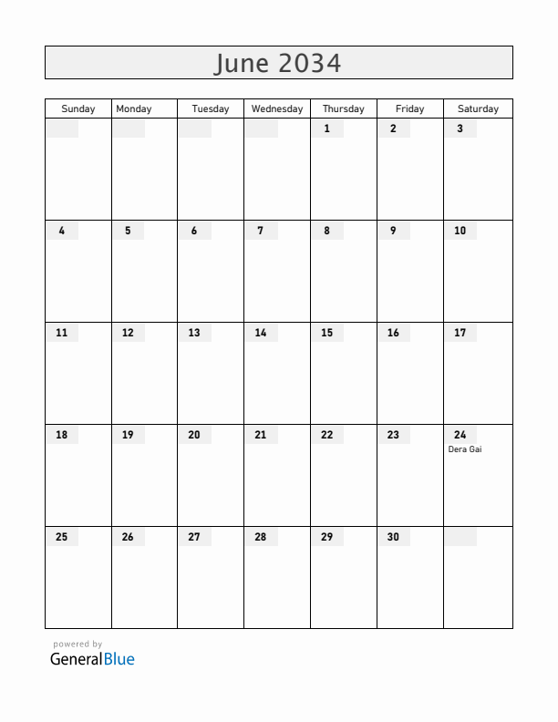 Aruba June 2034 Calendar with Holidays