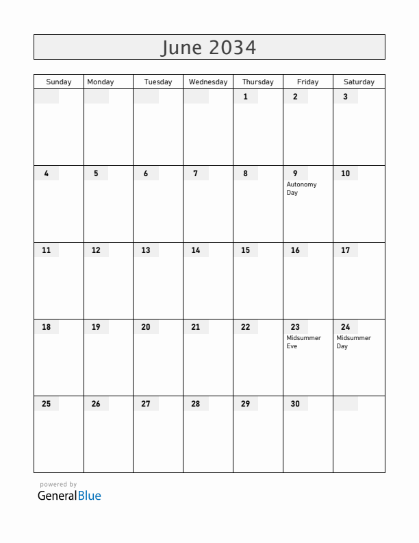 Aland Islands June 2034 Calendar with Holidays