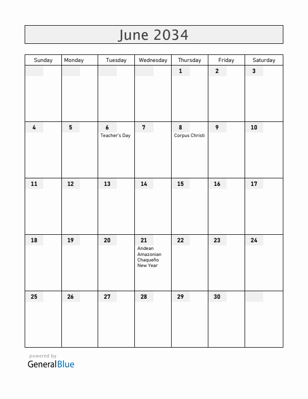 Bolivia June 2034 Calendar with Holidays