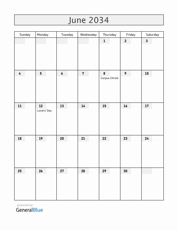 Brazil June 2034 Calendar with Holidays