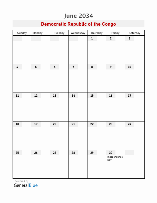 Democratic Republic of the Congo June 2034 Calendar with Holidays