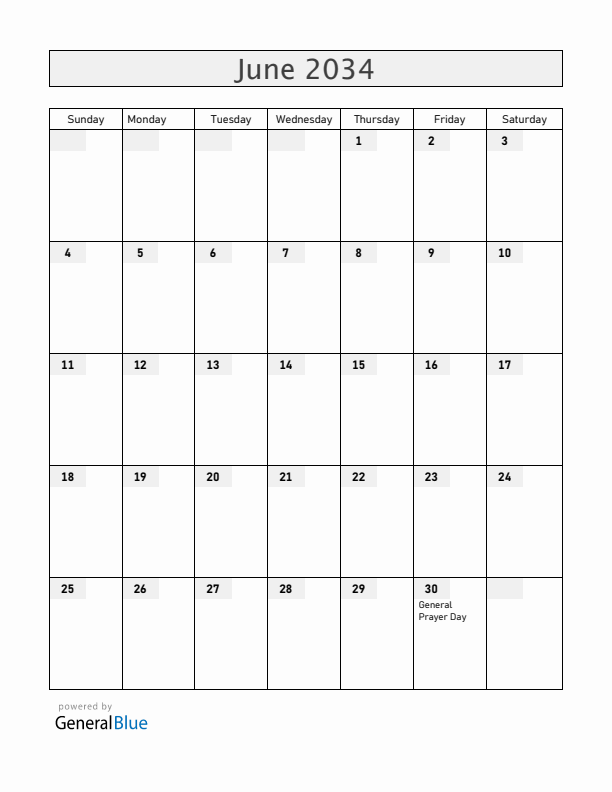 Central African Republic June 2034 Calendar with Holidays