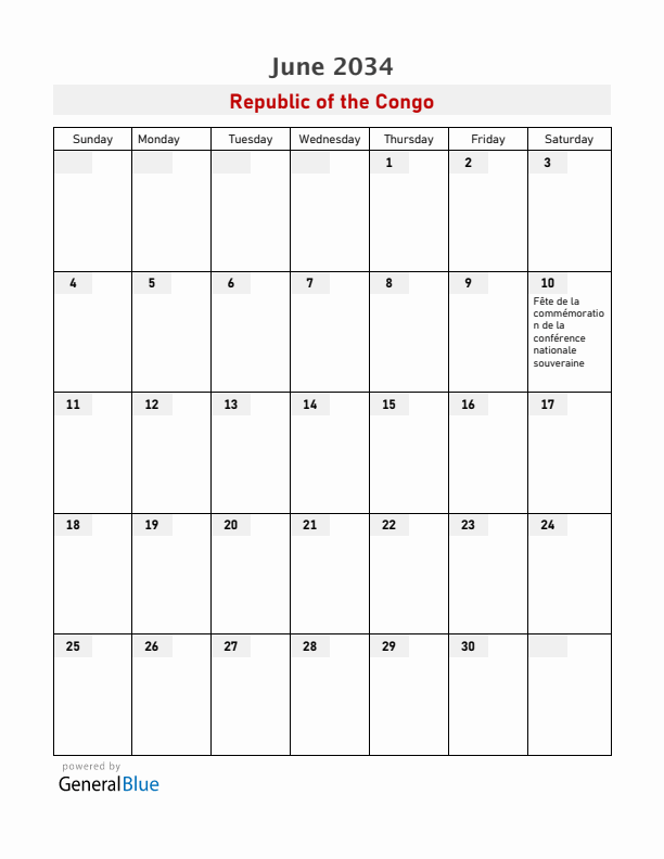 Republic of the Congo June 2034 Calendar with Holidays