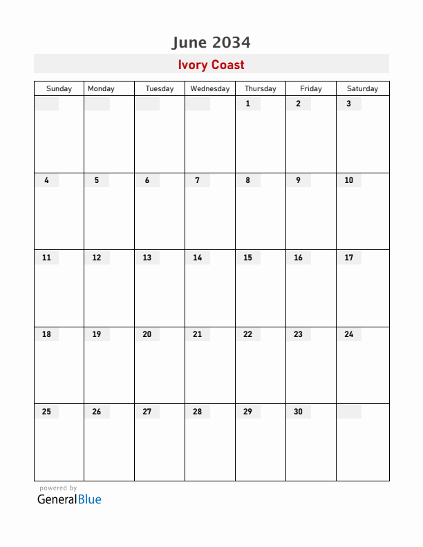 Ivory Coast June 2034 Calendar with Holidays