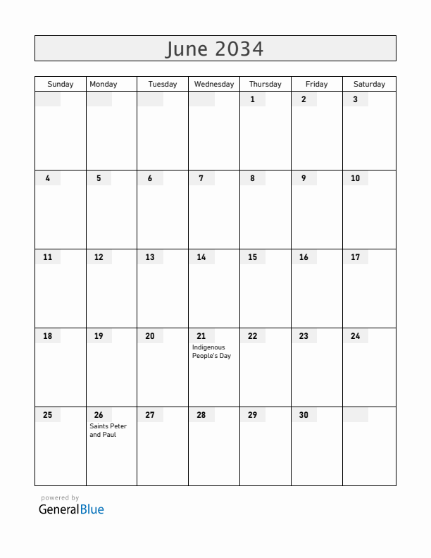 Chile June 2034 Calendar with Holidays