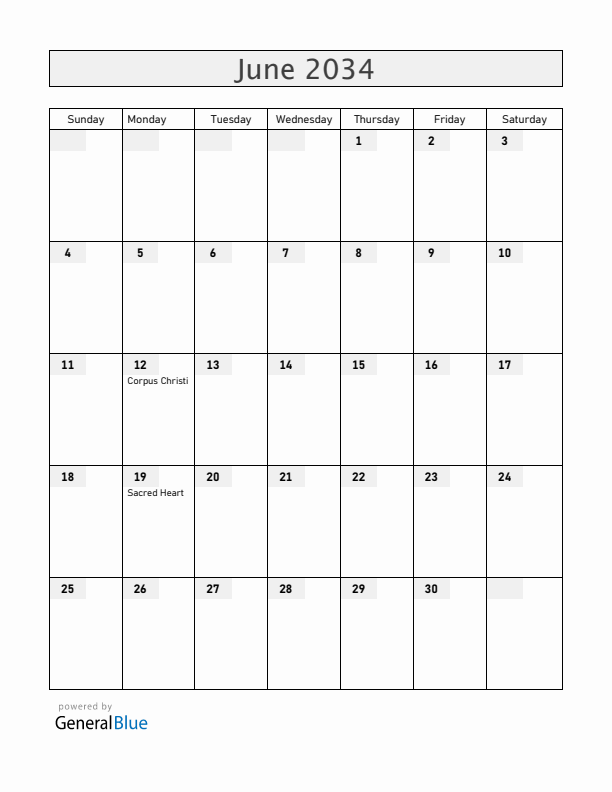 Colombia June 2034 Calendar with Holidays
