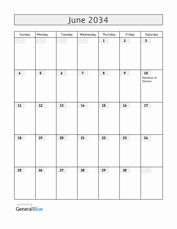 French Guiana June 2034 Calendar with Holidays