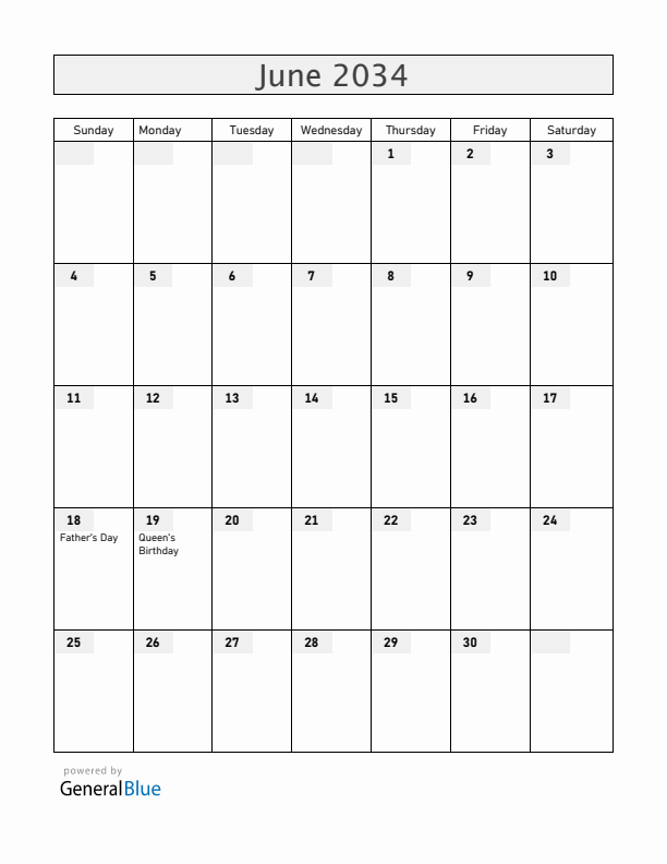 Gibraltar June 2034 Calendar with Holidays