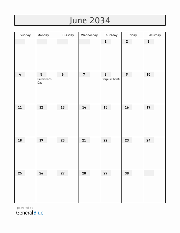 Equatorial Guinea June 2034 Calendar with Holidays
