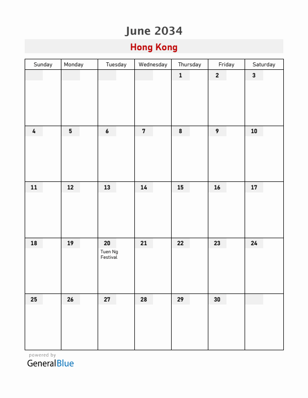 Hong Kong June 2034 Calendar with Holidays
