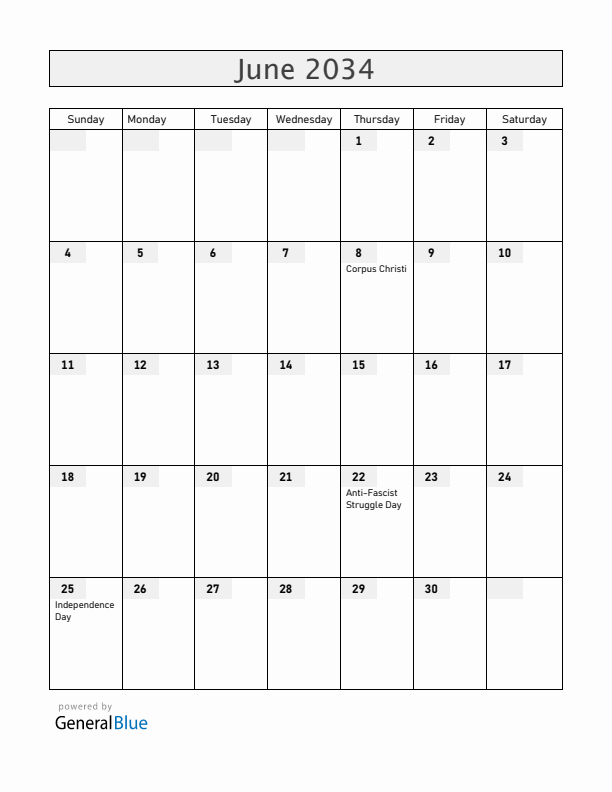 Croatia June 2034 Calendar with Holidays