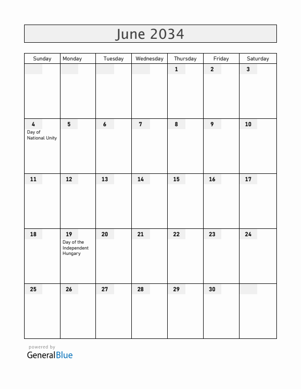 Hungary June 2034 Calendar with Holidays