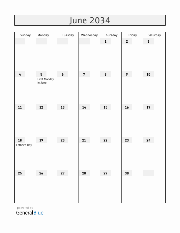 Ireland June 2034 Calendar with Holidays