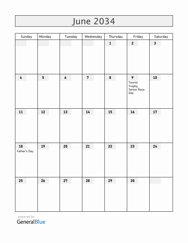 Isle of Man June 2034 Calendar with Holidays