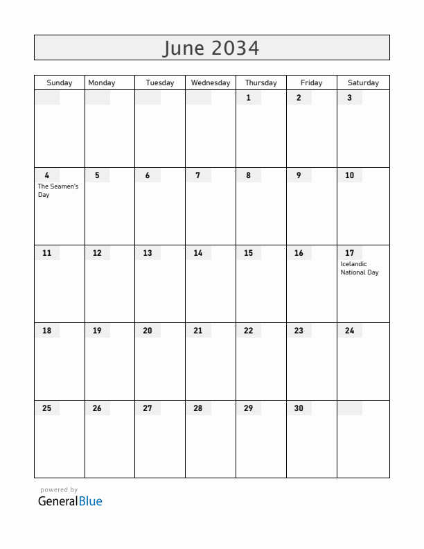 Iceland June 2034 Calendar with Holidays
