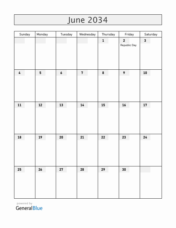 Italy June 2034 Calendar with Holidays