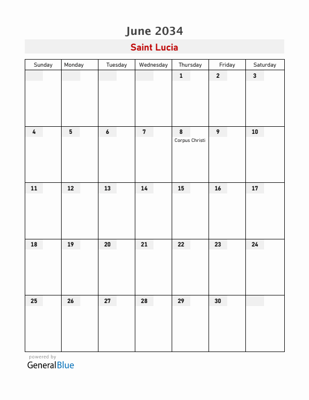Saint Lucia June 2034 Calendar with Holidays