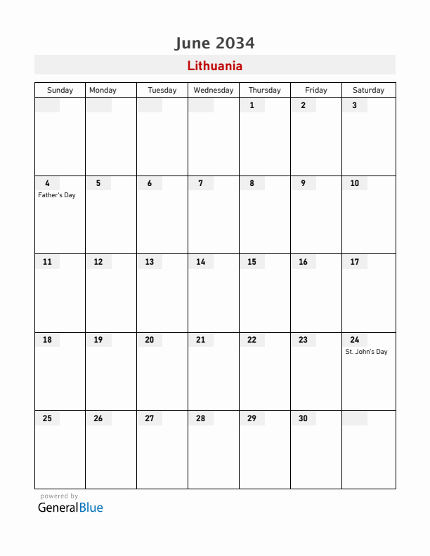 Lithuania June 2034 Calendar with Holidays