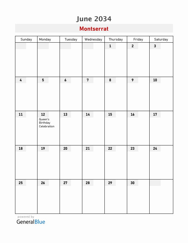 Montserrat June 2034 Calendar with Holidays