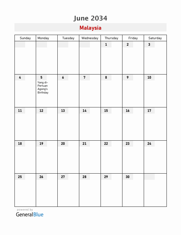 Malaysia June 2034 Calendar with Holidays