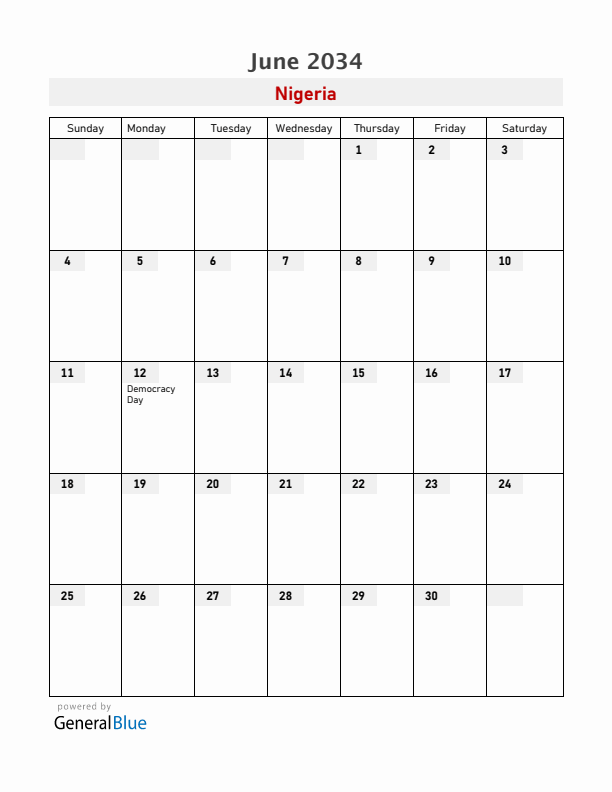 Nigeria June 2034 Calendar with Holidays
