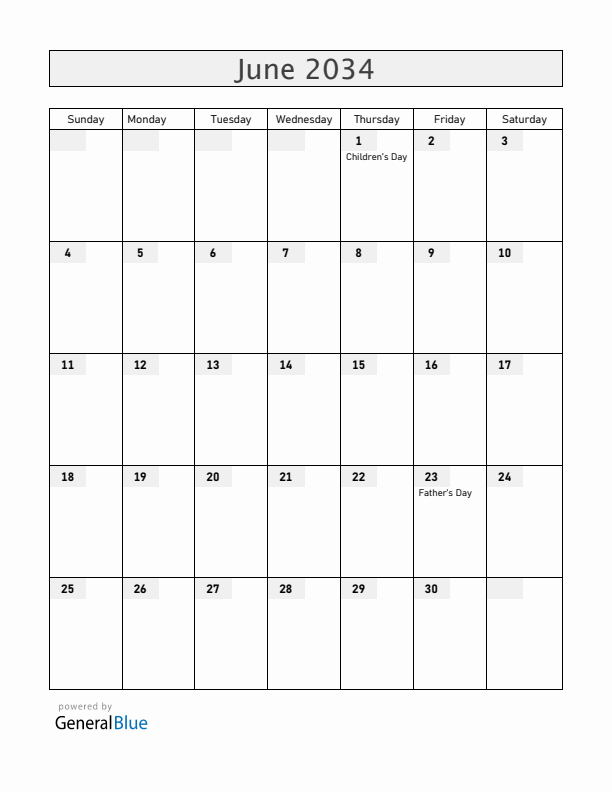 Nicaragua June 2034 Calendar with Holidays
