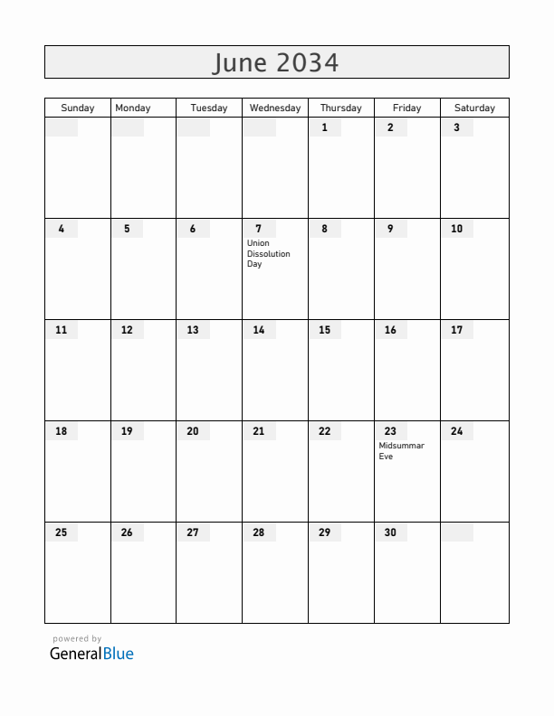 Norway June 2034 Calendar with Holidays