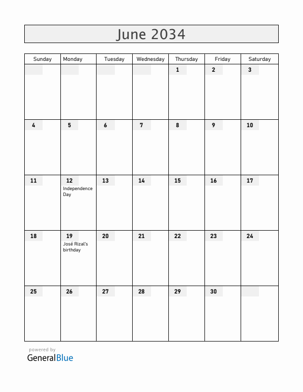 Philippines June 2034 Calendar with Holidays