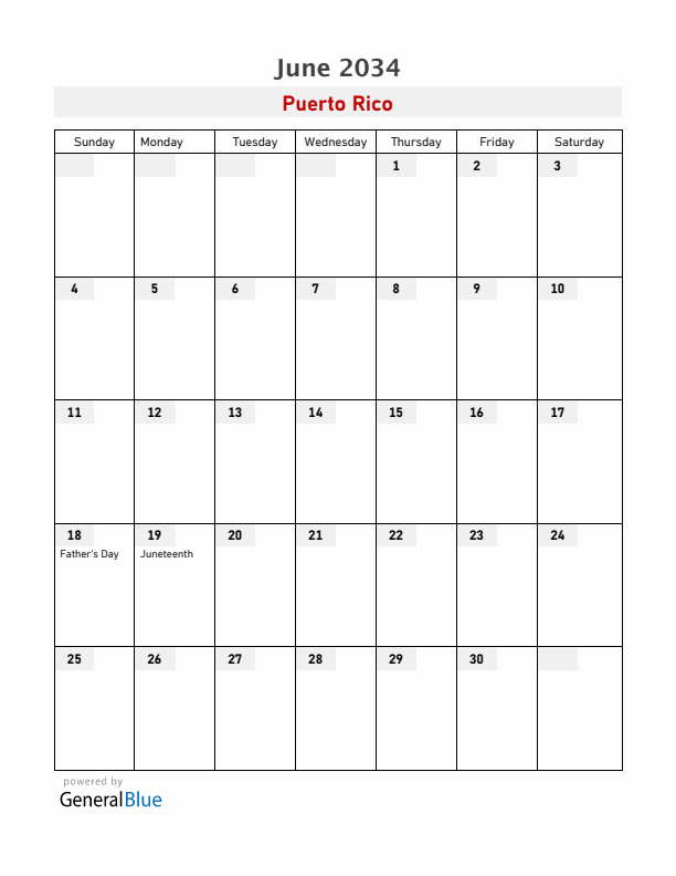 Puerto Rico June 2034 Calendar with Holidays