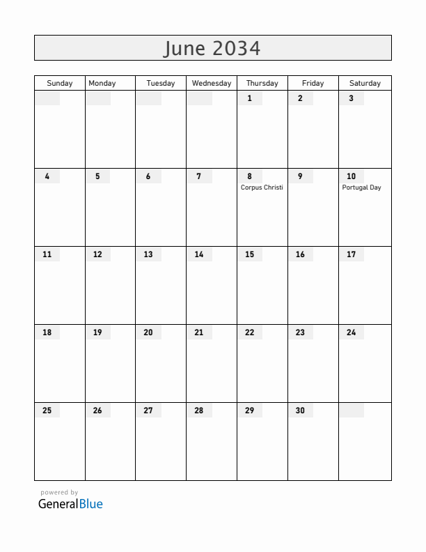 Portugal June 2034 Calendar with Holidays