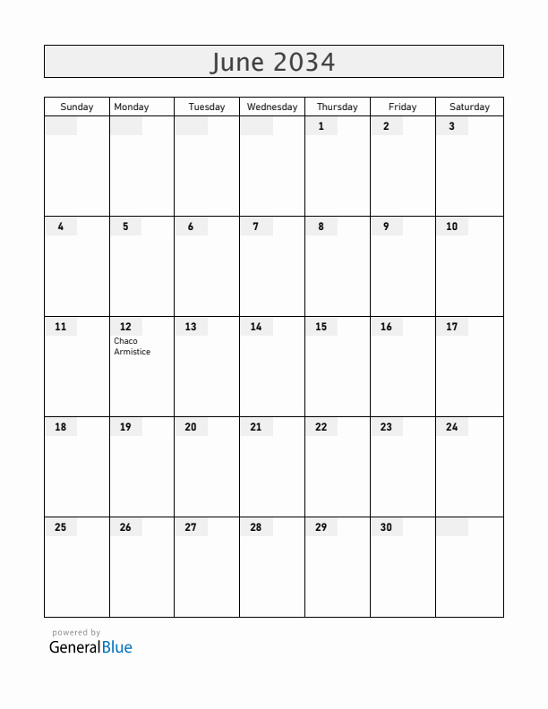 Paraguay June 2034 Calendar with Holidays