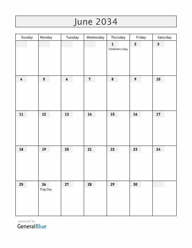 Romania June 2034 Calendar with Holidays