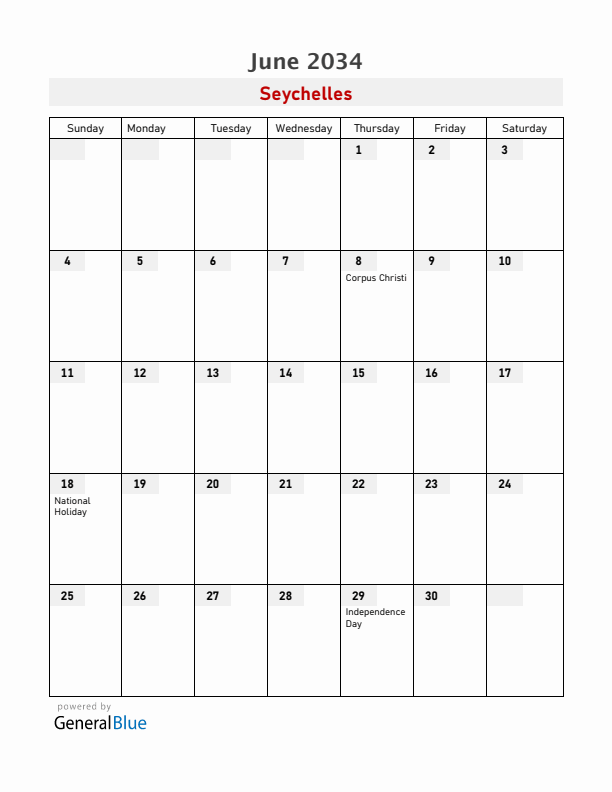 Seychelles June 2034 Calendar with Holidays