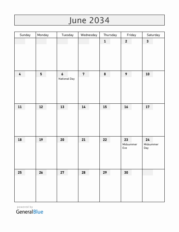 Sweden June 2034 Calendar with Holidays