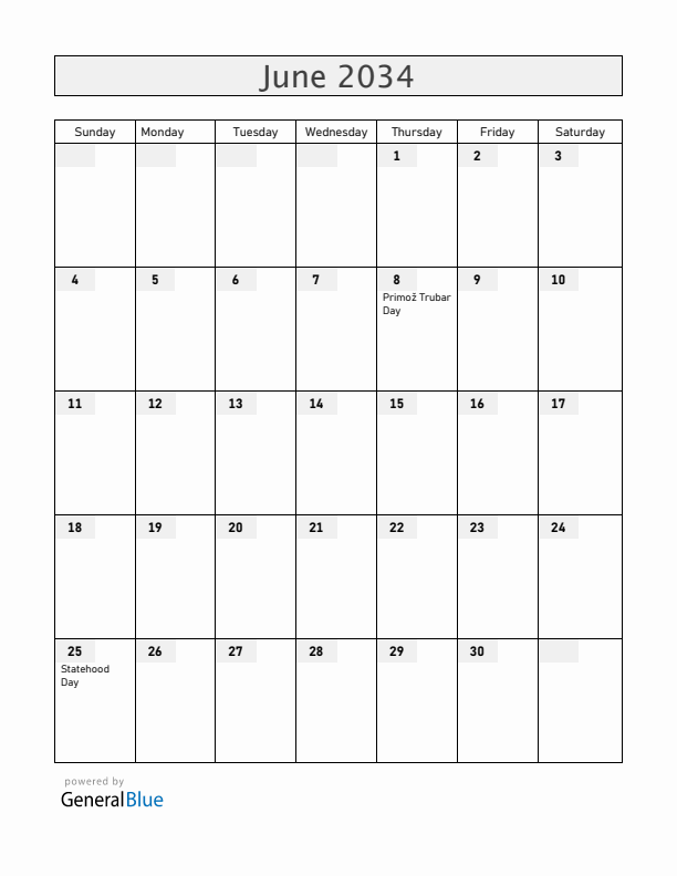 Slovenia June 2034 Calendar with Holidays