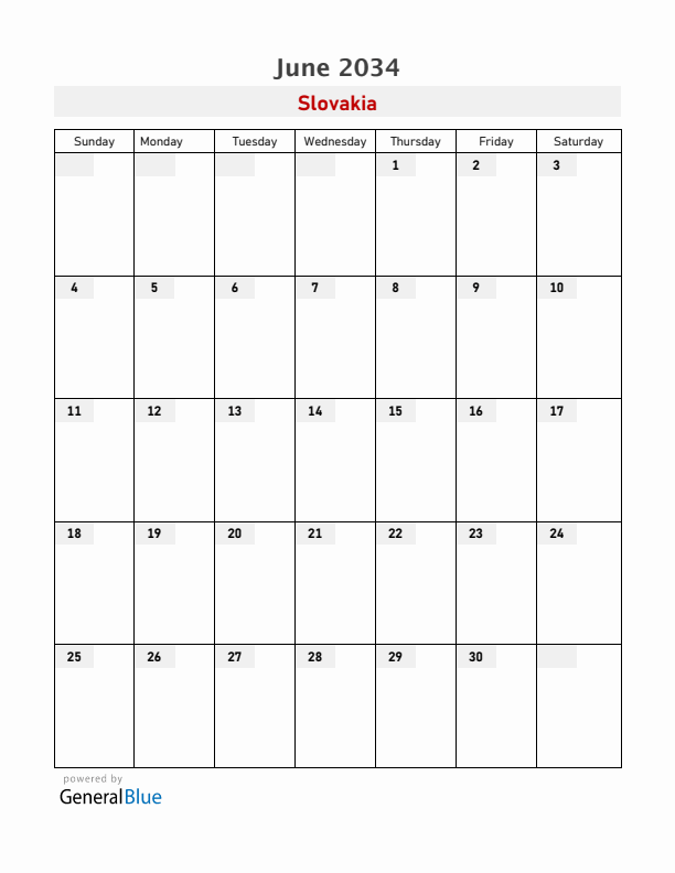 Slovakia June 2034 Calendar with Holidays