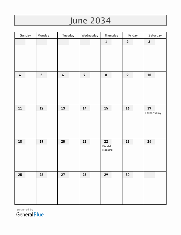 El Salvador June 2034 Calendar with Holidays