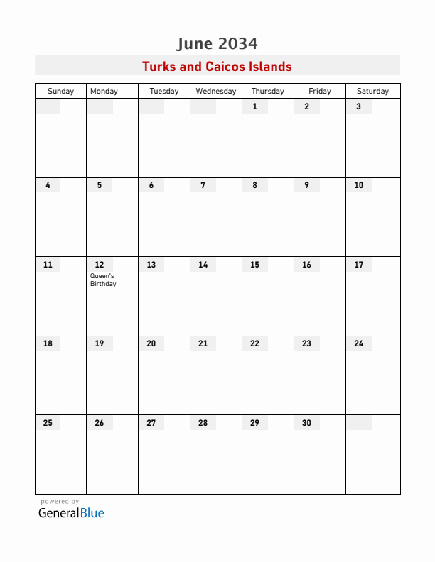 Turks and Caicos Islands June 2034 Calendar with Holidays